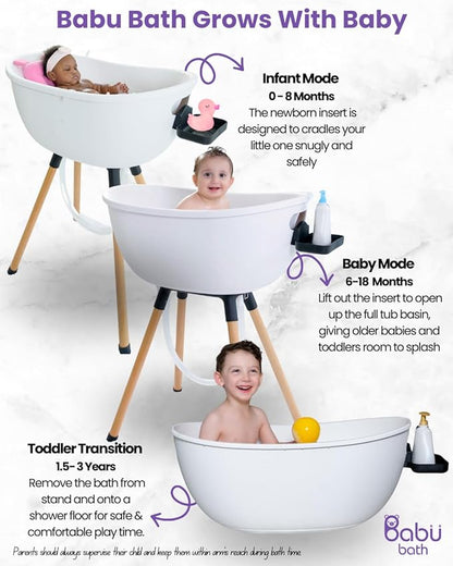 Luxury Baby Bathtub with Wooden Stand – 3-Stage Convertible, Ergonomic & Back-Saving Design