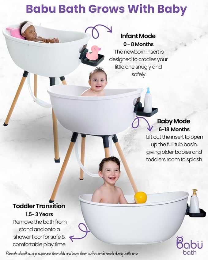 Luxury Baby Bathtub with Wooden Stand – 3-Stage Convertible, Ergonomic & Back-Saving Design (Pink Bundle)