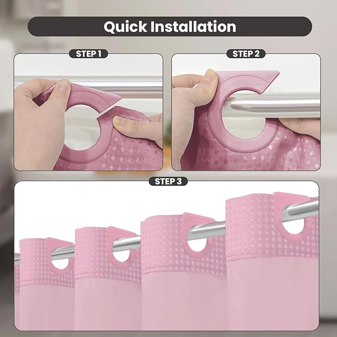 Inhousolu No Hook Shower Curtain with Snap in Fabric Liner Set Waffle Weave 230GSM Weighted Hem, Waterproof & Washable Bathroom Curtain Spa Luxury with Mesh Top Window 72" W x 72" L Pink