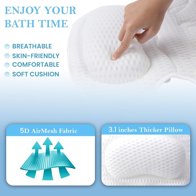 Bath Pillow for Tub | 4D Air Mesh Fabric - Plush Bathtub Pillow for Neck & Back Support, Hot Tub Pillow with 6 Non-Slip Suction Cups | Spa Pillow for Relaxation and Comfort (White).