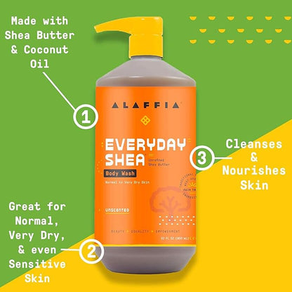 Alaffia EveryDay Shea Body Wash, Naturally Moisturizing Cleanser for All Skin Types with Fair Trade Shea Butter, Neem & Coconut Oil, Unscented, 32 fl oz