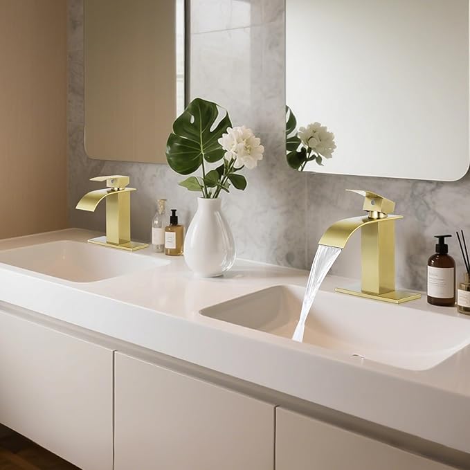 Bathroom Faucets Brushed Gold Waterfall Bathroom Sink Faucet Modern Single Handle Bathroom Faucet for 1 or 3 Hole Mxier Tap Washbasin Faucet with Deck, Pop-up Drain and Supply Hoses