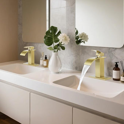 Bathroom Faucets Brushed Gold Waterfall Bathroom Sink Faucet Modern Single Handle Bathroom Faucet for 1 or 3 Hole Mxier Tap Washbasin Faucet with Deck, Pop-up Drain and Supply Hoses 2 Pack