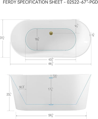 FerdY Shangri-La 67" Acrylic Freestanding Bathtub, Classic Oval Shape Acrylic Soaking Bathtub with Polished Gold Drain & Minimalist Linear Design Overflow, Modern White, cUPC Certified