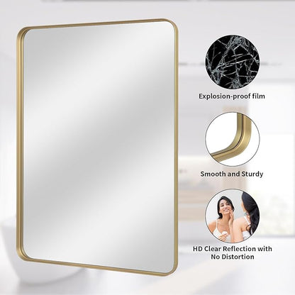 VooBang Bathroom Mirror 24x36 inch, Gold Gorgeous Deep Frame Wall Mirror, Modern Round Corner Bathroom Vanity Mirror for Bedroom, Living Room, Hanging or Leaning Horizontal or Vertical, Gold