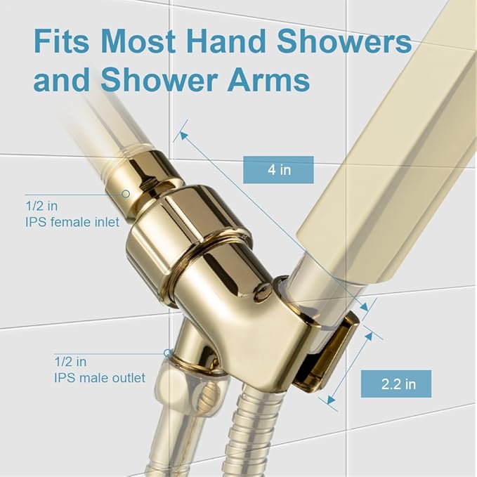 OFFO Shower Head Holder with Solid Metal Ball for Handheld Shower Head Gold, Adjustable Shower Arm Mount for Connecting Shower Arm and Shower Hose, 1/2 in IPS Female Inlet and Male Outlet