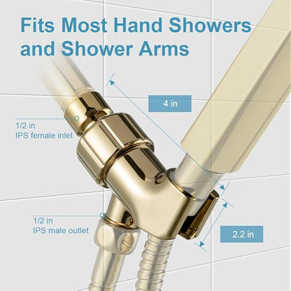 OFFO Shower Head Holder with Solid Metal Ball for Handheld Shower Head Gold, Adjustable Shower Arm Mount for Connecting Shower Arm and Shower Hose, 1/2 in IPS Female Inlet and Male Outlet