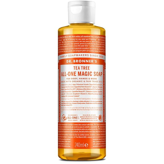 Dr. Bronner's - Pure-Castile Liquid Soap (Tea Tree, 8 ounce) - Made with Organic Oils, 18-in-1 Uses: Acne-Prone Skin, Dandruff, Laundry, Pets and Dishes, Concentrated, Vegan, Non-GMO