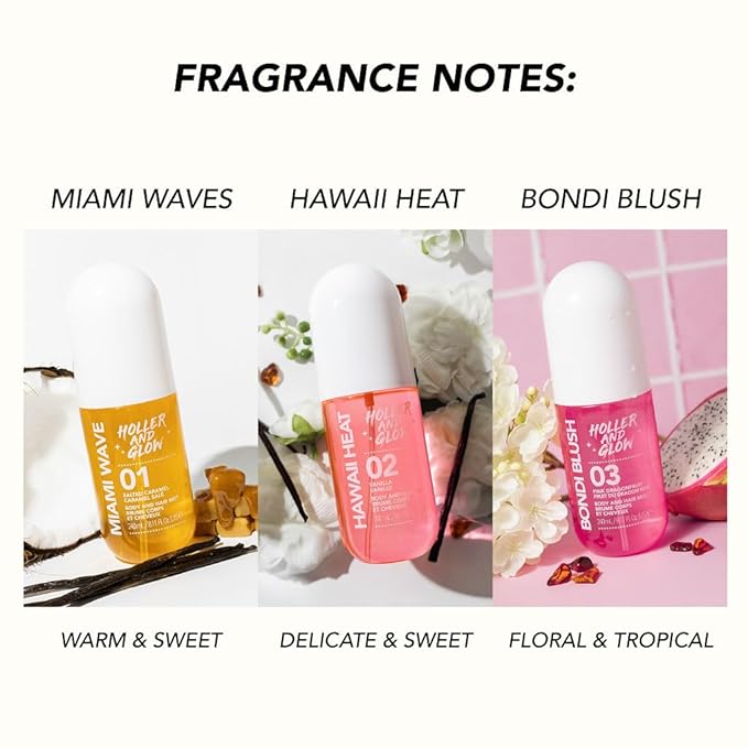 Holler And Glow Miami Wave Salted Caramel Body & Hair Mist, Body Spray For Women, Hair Perfume, Fragrance, Sweet Coconut, Vanilla Scented, Warm & Sweet Fragrance Notes, 8.11 Fl Oz