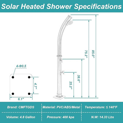 4.8 Gallon Solar Heated Outdoor Shower, 7 FT Freestanding Outside Shower with Shower Head & Foot Shower Tap for Poolside Backyard Beach, Black