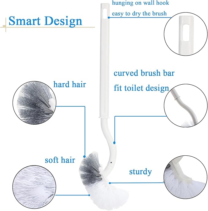 2 Pack Curved Toilet Bowl Brush with Holder for Bathroom, Compact Toilet Brush Durable Under The Rim Household Deep Cleaning Brushes (2 Pcs White Toilet Brush with Holder)