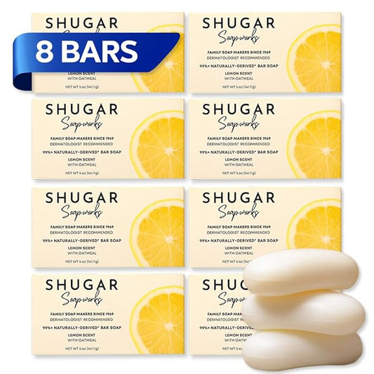 Shugar Soapworks Oatmeal & Lemon Verbena 5 oz Beauty Bar Soap 8-Pack | Plant-Based Vegan Formula | Sulfate & Paraben Free | Gentle Exfoliating Cleanser with Finely Ground Oatmeal Flakes