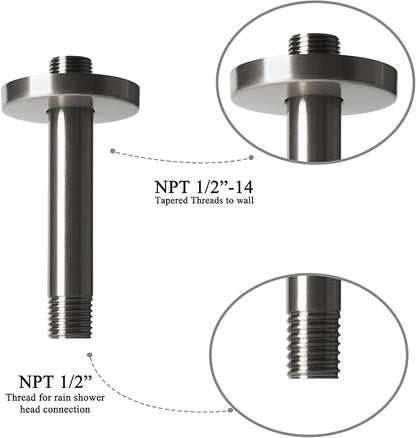 6 Inch Shower Arm with Flange, Ceiling Mounted Shower Head Extension Arm, 1/2 NPT Straight Arm for Rain Shower Head, Stainless Steel Shower Head Extension Replacement Pipe Arm, Brushed Nickel