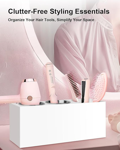 Hair Tool Organizer, Hair Dryer Holder with Heatproof Steel Cups, Acrylic Vanity Organizer for Curling Iron, Flat Iron & Hair Brushes, Perfect for Bathroom (White, Standard)