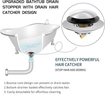Bathtub Drain Stopper with Hair Catcher, Anti Clogging Bath Tub Drain Stoppers, Replaces Lift and Turn, Tip-Toe and Trip Lever drains for Tub, Easy Install and Clean (Chrome Silver)