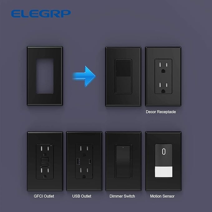 ELEGRP 1-Gang Screwless Decorative Wall Plates, Standard Size Unbreakable Thermoplastic Faceplate Cover for Decorator Receptacle Outlet Switch, UL Listed (20 Pack, Glossy Black)