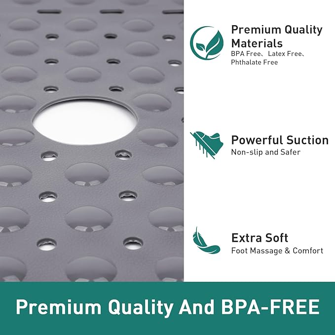 Large Gray Square Shower Mat Non Slip 27 x 27 Inch, Soft Bath Mat Bathtub Mat for Inside Shower Floor, Anti Slip Shower Stall Mats with Big Suction Cups Drain Holes, Easy Washable, BPA-Free