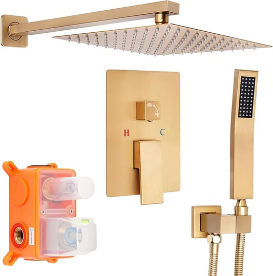 Brushed Gold Square Shower Head with Handheld Set, Rainfall Shower System Modern Wall Mounted Shower Faucet for Bathroom 10 inch (With Shower Valve)