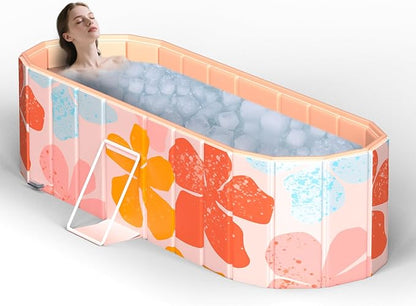 Portable Bathtub for Adults 47" Large Foldable No-Installation Soaking Tub for Shower Stall, Collapsible Standing Plunge Bath with Lid, 5-Layer Insulated Liner, Fast Drain (Pink, 47.2"×21.6"×19.6")