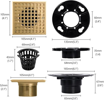 Uni-Green Champagne Bronze Shower Drain 4-1/4 Inch - Square Gold Shower Drain Kit with ABS Flange for 2" or 3" Pipe - Low Profile 304 Stainless Steel Shower Floor Drain Kit with Hair Carcher