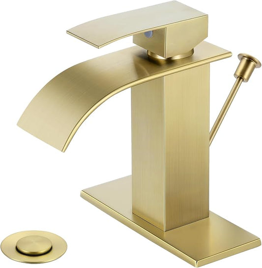 Bathroom Faucets with Lift Rod Drain Brushed Gold Waterfall Bathroom Sink Faucet Modern Single Handle Bathroom Faucet for 1 or 3 Hole Mxier Tap Washbasin Faucet with Deck