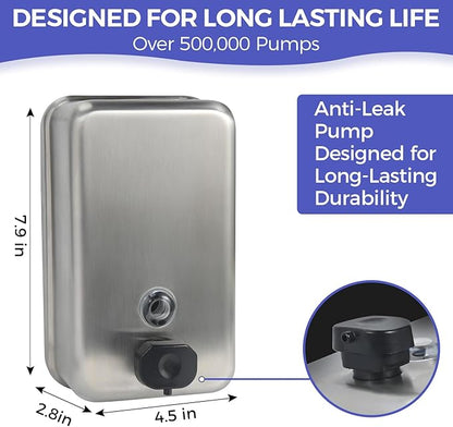 Heavy Duty Stainless Steel Wall Mount Soap Dispenser, 1100ml/37oz, with Corrosion Proof Lining and Anti-Leak Pump for Commercial & Home Bathroom Kitchen(Vertical)