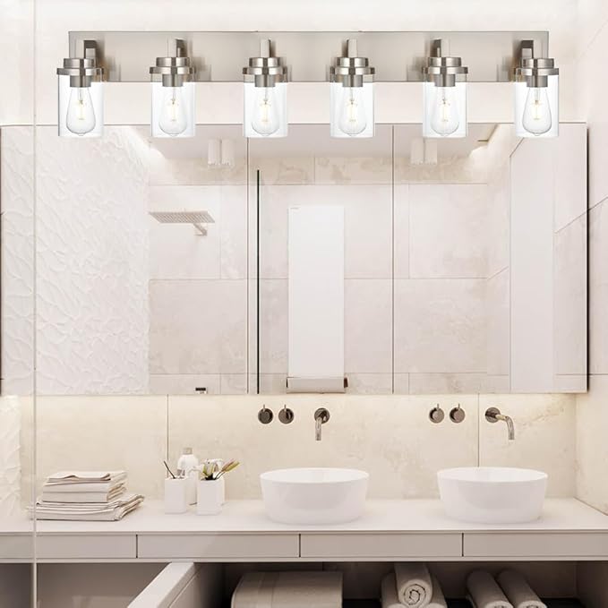 MELUCEE 6-Light Bathroom Lights Over Mirror in Brushed Nickel, Modern Industrial Vanity Lighting Fixture Indoor Wall Lights for Bath Kitchen Powder Room, Clear Glass Shade