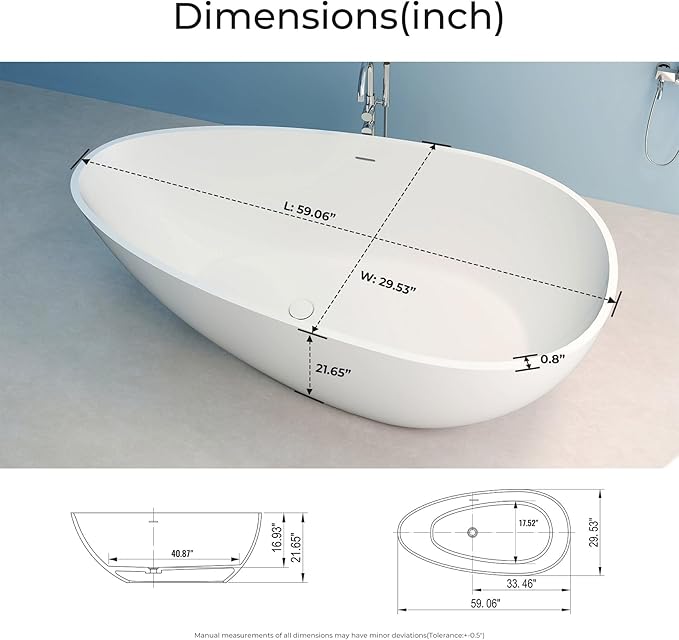 Premium 59" Solid Surface Freestanding Bathtub, Upgraded Oval Stone Resin Egg ShapeTub with Overflow and Pop-up Drain, Matte White