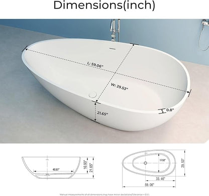 Premium 59" Solid Surface Freestanding Bathtub, Upgraded Oval Stone Resin Egg ShapeTub with Overflow and Pop-up Drain, Matte White