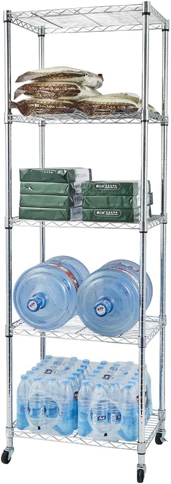 5 Tier Storage Racks Shelving, Heavy Steel Pantry Shelves, Adjustable Wire Shelving Rack with Wheels, Suitable for Garage, Kitchen, Bathroom, Office, 24" W x 18" D x 71" H, Chrome