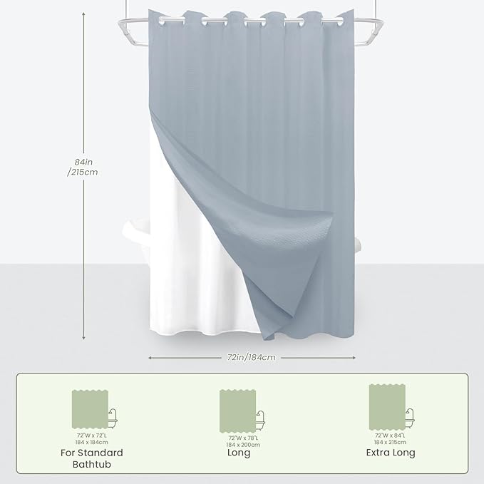Inhousolu No Hook Waffle Weave Shower Curtain with Removable Snap in Fabric Liner Set for Bathroom, 230 GSM Heavy Duty Weighted Hem, Water Repellent Washable Bath Curtains, 72 x 84 Inch, Fog Blue