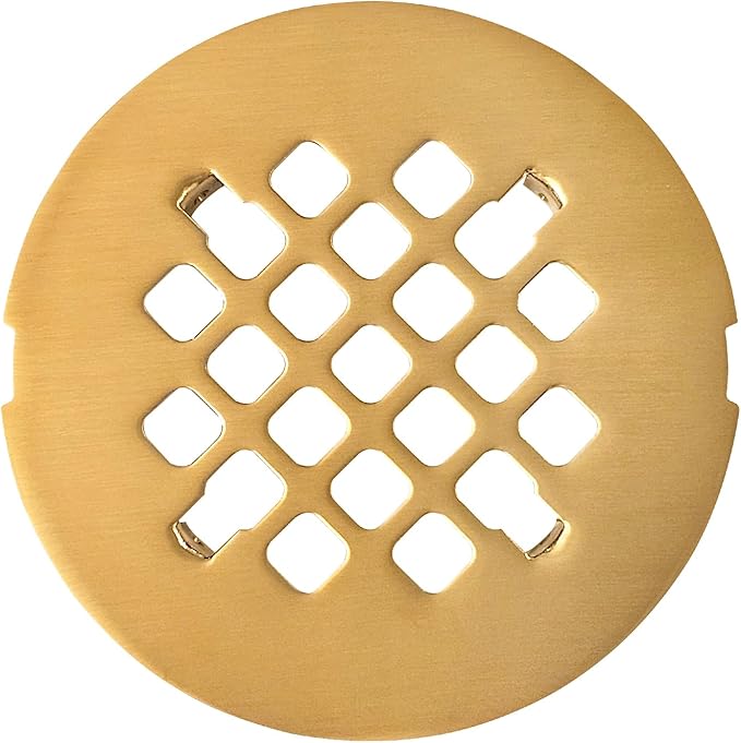 4 ¼” Brushed Gold Snap-in Shower Drain Cover - Gold Replacement - 4.25" OD Shower Drain Strainer - Easy Install - Premium Round Shower Drain Cover - Solid Brass Construction