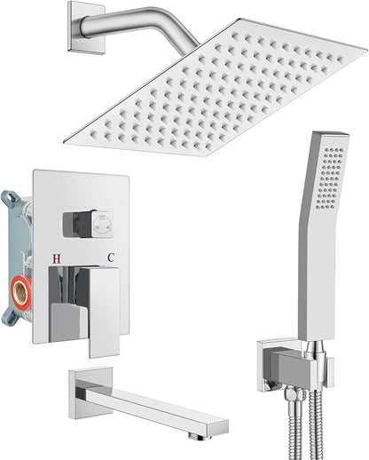 gotonovo Shower System with Tub Spout Wall Mounted Rain Shower Head and Handle Combo Shower Faucet Set with Valve, 8 Inch, Polish Chrome