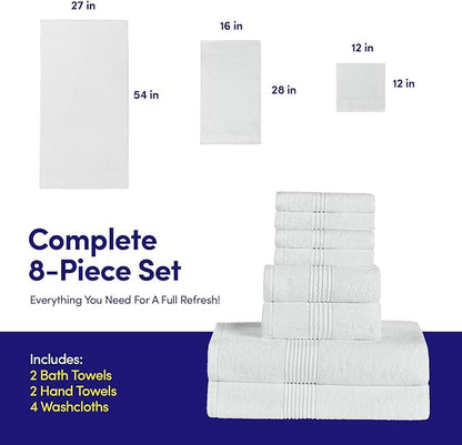 Bath Towels 8 Piece Towel Set – 100% Combed Cotton – Bath + Hand + Washcloths – Oeko-TEX Certified Soft & Absorbent Towels with Durable Double-Stitched Edges for Bathroom or Guest Spa, White