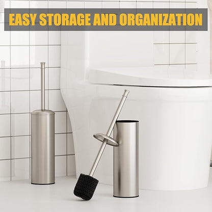 BESy Toilet Brush and Holder, Toilet Cleaner Bowl Set with Two Brush with Extra Long Handle, Durable Bristles Toilet Scrubber and Covered Holder, Drip-Proof Stainless Steel Brushed Nickel