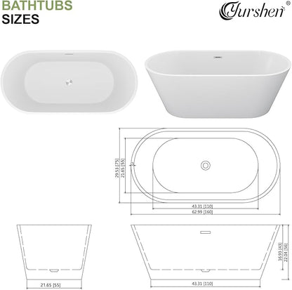 63 Inch Freestanding Bathtub White Acrylic Roll Top Soaking Tub with Chrome Drain Spacious Tub for Modern Homes, YSB9221