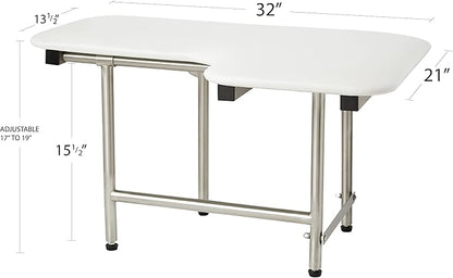 32" x 22.5" White Padded Wall Mount Folding Left-Handed Transfer Bench Shower Seat with Legs, ADA Compliant