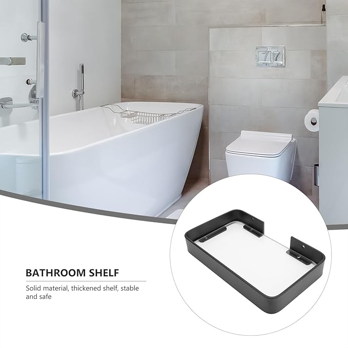 Black Bathroom Glass Shelf Bracket for Shampoo and Cosmetics Storage Floating Wall-Mounted Organizer Rack Stylish Corner Shelf for Modern Bathroom