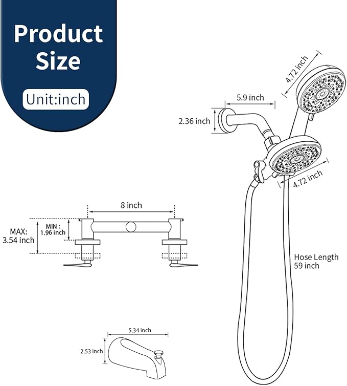 2 Handle Shower Faucet Set with Tub Spout and Shower Head Combo, Matte Black, Wall Mounted, 2 Handles, Brass, Complete Bathtub Shower Trim Kit