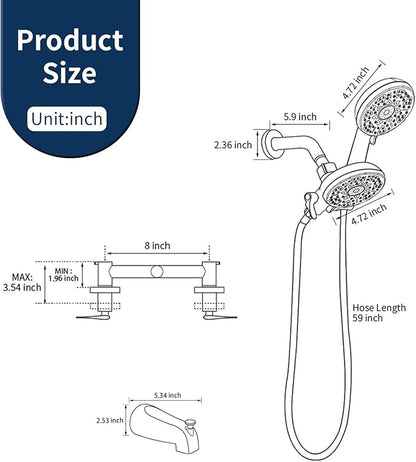 2 Handle Shower Faucet Set with Tub Spout and Shower Head Combo, Matte Black, Wall Mounted, 2 Handles, Brass, Complete Bathtub Shower Trim Kit