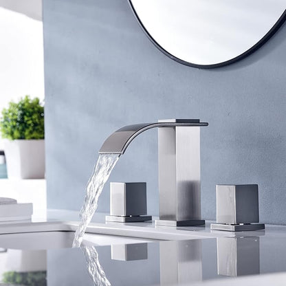 Luxury Brass Modern Widespread Waterfall Bathroom Sink Faucets with Copper Valve for 3 Hole 2-Handle 8 Inch Deck Bathroom Vanity Faucet, &Stainless Steel Pop-up Drain Assembly, Brushed Nickel