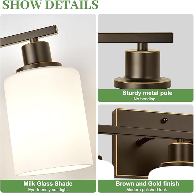 3-Light Bathroom Light Fixtures, Vanity Light with Milky White Shades, Oil-Rubbed Bronze Bathroom Light Fixtures Over Mirror, Modern Bathroom Wall Lamp for Mirror Living Room Cabinet Bedroom