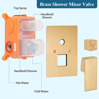12 inch Square Shower Head and Handheld Set, Gasecoet Shower System with Tub Spout Wall Mounted Shower Faucet for Bathroom - Brushed Gold (With Shower Valve)