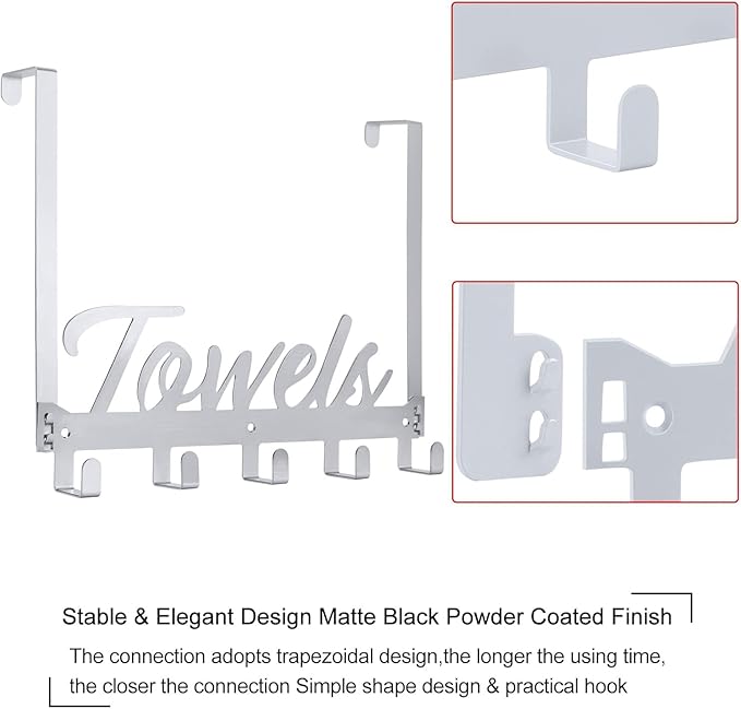 Over The Door Hooks, Towel Hook Towel Holder Over Door Towel Hanger Door Hanger with 5 Coat Hooks Towel Rack for Bathroom Bedroom Kitchen, Chrome