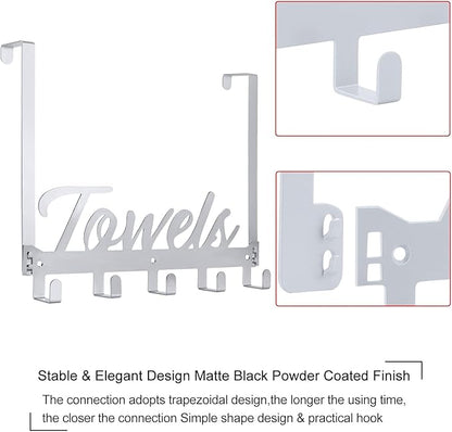 Over The Door Hooks, Towel Hook Towel Holder Over Door Towel Hanger Door Hanger with 5 Coat Hooks Towel Rack for Bathroom Bedroom Kitchen, Chrome