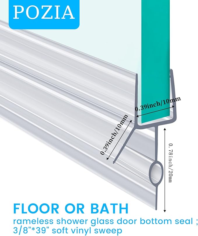 POZIA Clear Frameless Glass Shower Door Bottom Seal | Shower Door Sweep for Leak-Proof, Quick Installation to Create Reliable Water Barrier (1PACK-3/8in-20mm Gap)