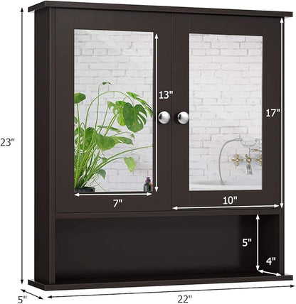 Tangkula Bathroom Medicine Cabinet with Mirror, Wall Mounted Wooden Hanging Organizer with Doors and Shelves, Bathroom Wall Mirror Cabinet (Mirror Doors, Brown)