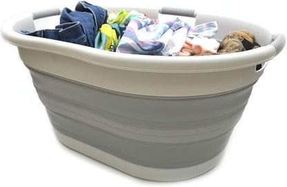 SAMMART 57L (15 Gallons) Collapsible 3-Handled Plastic Laundry Basket - Oval Tub - Portable Washing Tub-Space Saving Laundry Hamper, Water Capacity 44L / 11.6 Gallon (1, Grey)