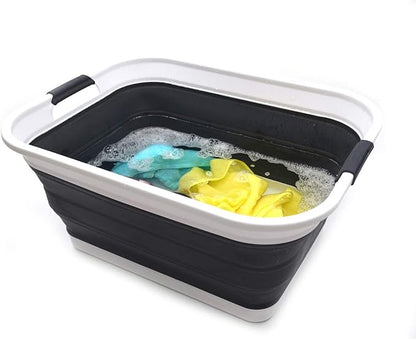 SAMMART 42L(11 gallon) Set of 2 Collapsible Plastic Laundry Basket-Foldable Pop Up Storage Container-Portable Washing Tub-Space Saving,Water capacity 34L(9 gallon) (2 rectangular - strengthen, black)