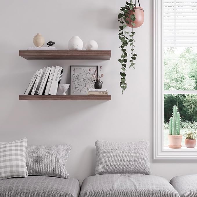 Floating Shelf, Set of 3 Wall Shelves, 36 in W x 12.75 in D x 2 in H Wooden Floating Wall Shelf with Invisible Brackets for Living Room/Bedroom/Bathroom/Kitchen Storage and Decor, Walnut